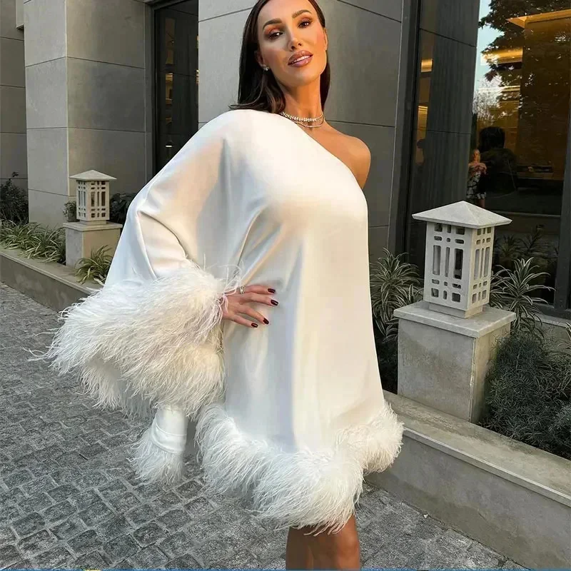

One Shoulder Feather Spliced Mini Dress Women Sexy Backless Long Sleeves Loose Vestidos 2024 Elegant Fashion Party Club Robes