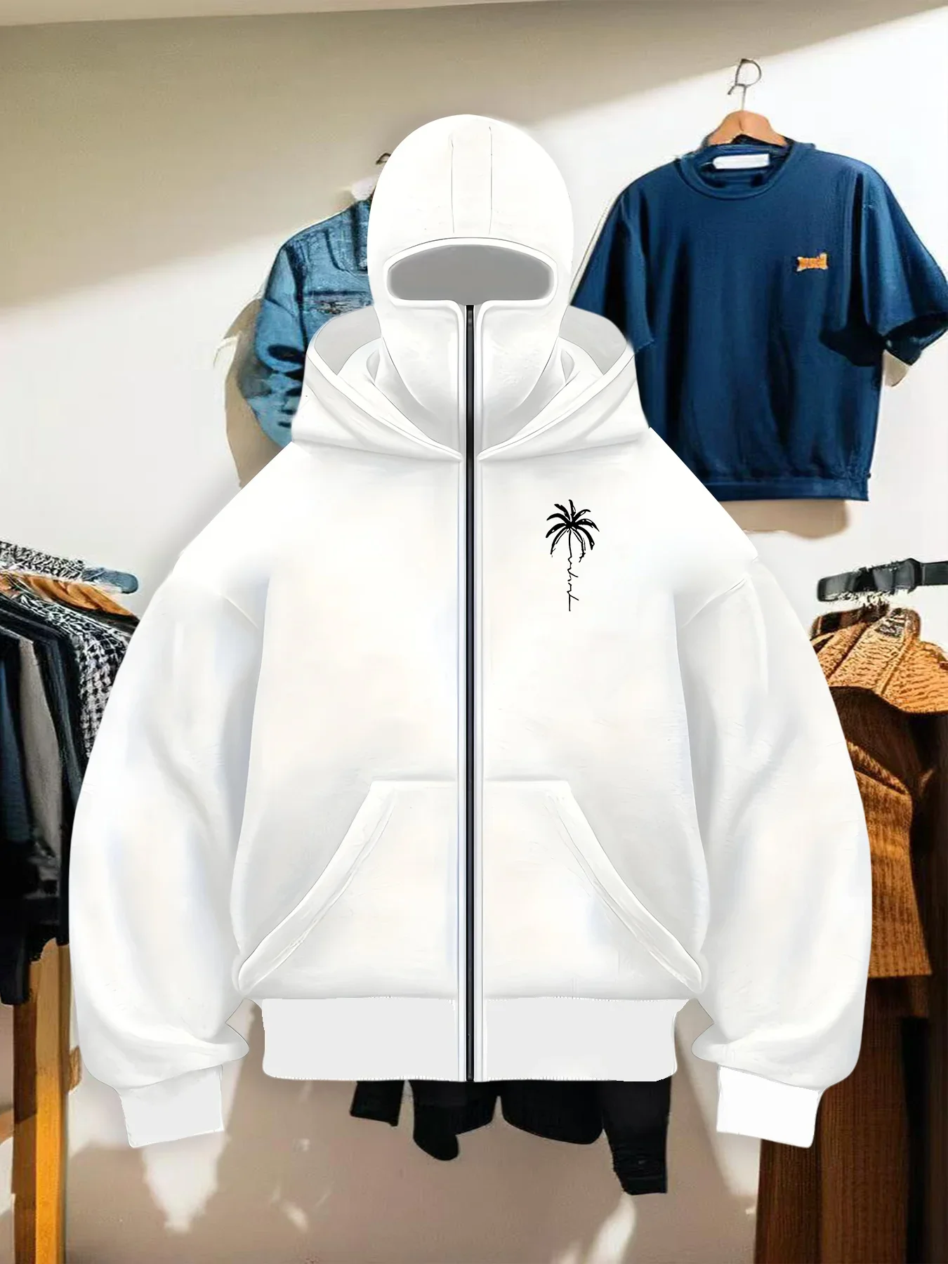 2026 new hooded pullover zipper for men and women in autumn and winter, featuring a vacation style coconut tree pattern print