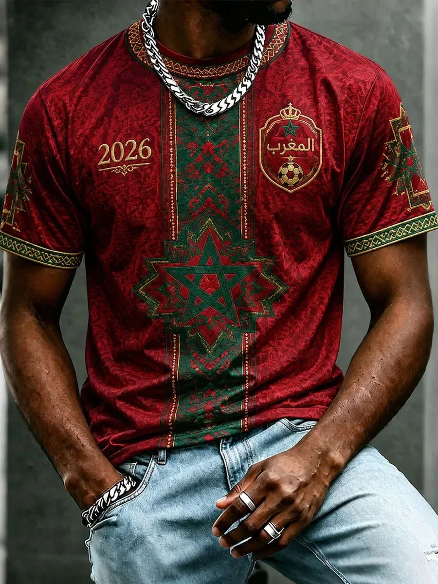 Herren 3D-Druck Marokko Fußball-Fan-T-Shirt, 2026 Fußball-inspiriertes Kurzarm-Trikot, Schnelltrocknendes Sport-Oberteil – Detail 7