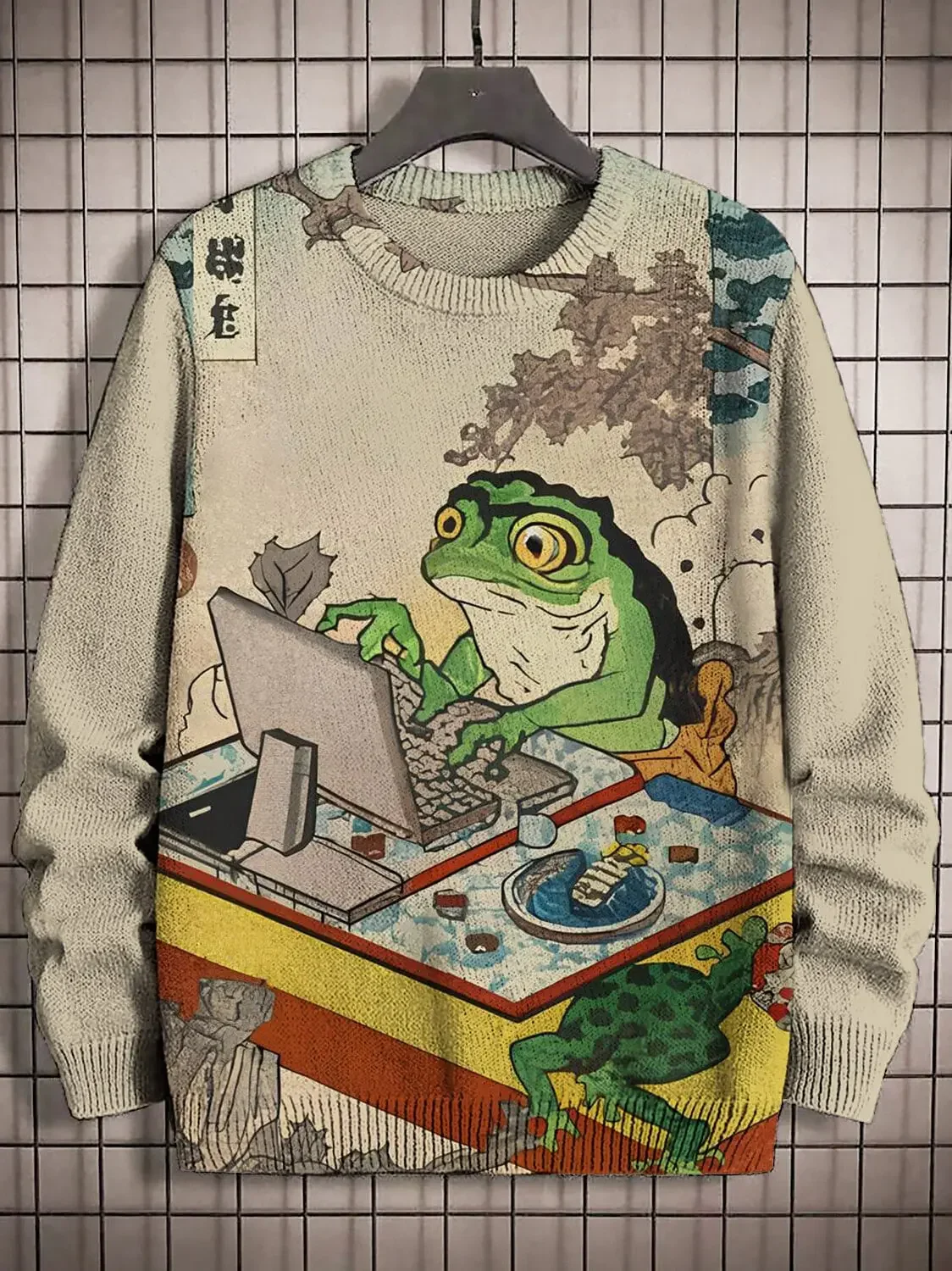 

Men's Japanese Art Frog Using Computer Art Print Knit Sweatshirt Pullover Sweater Women For Men Sweater