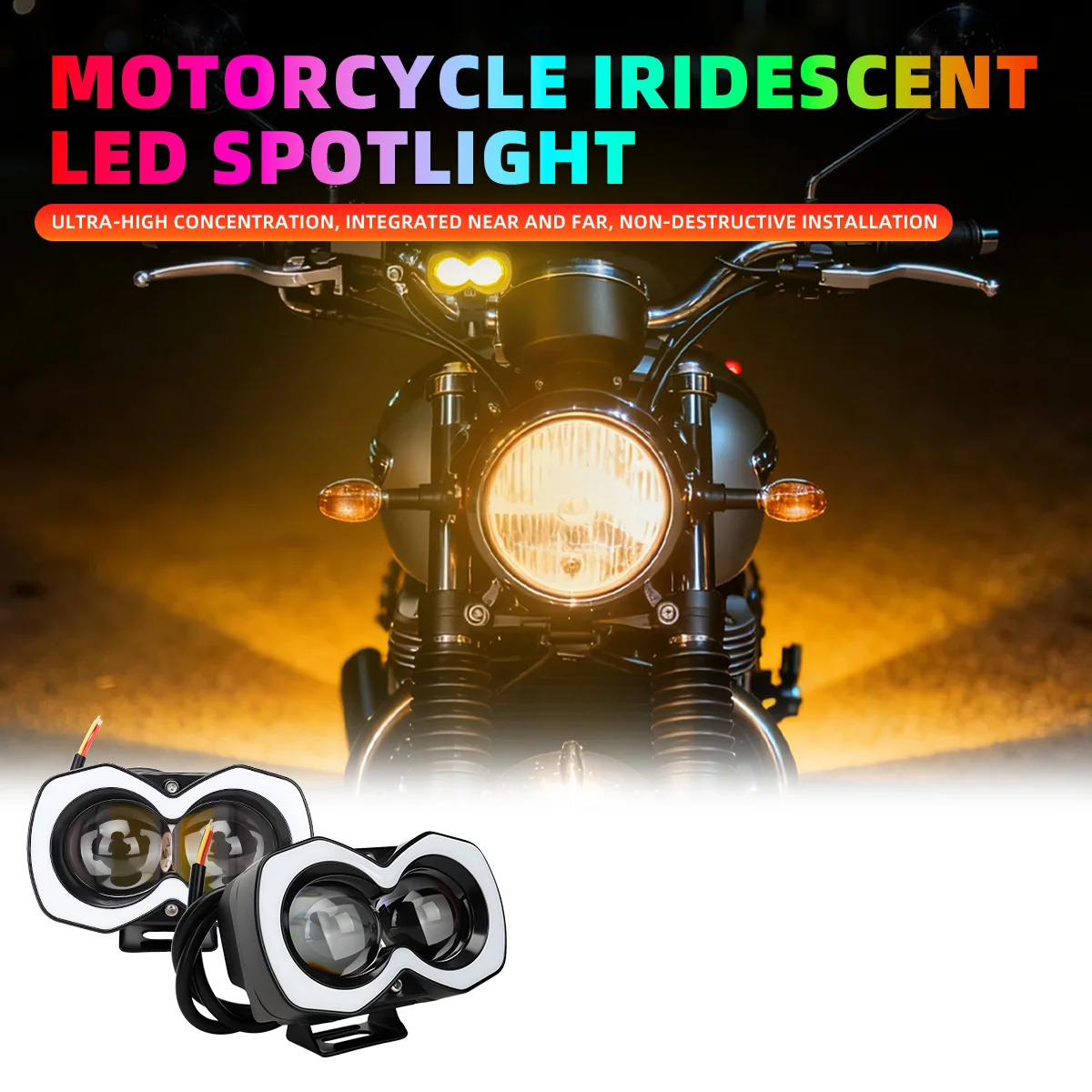 

12V Motorcycle LED Spotlight 2/3/4 Lens Dual Color White Yellow Warning Flash Lamp RGB Aperture Moto Headlamp LED Driving Lights