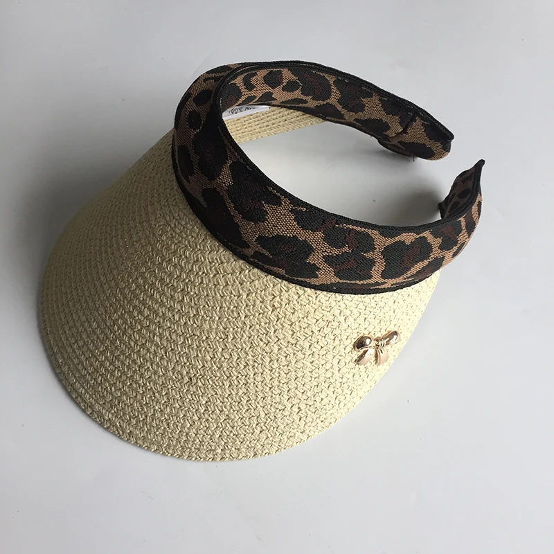 2019 New Woman\'s Sun Hats Female Leopard Bowknot Visor Caps Hand Made DIY Straw Summer Cap Casual Shade Hat Empty Top Hat Beach