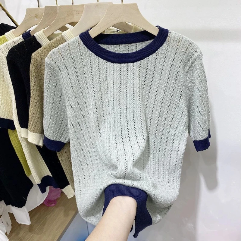 Eis Seide Aushöhlen Dünne Lose Beiläufige Tops Sommer Neue Oansatz Kontrast Patchwork Vintage T Shirts Mode Harajuku Frauen Kleidung