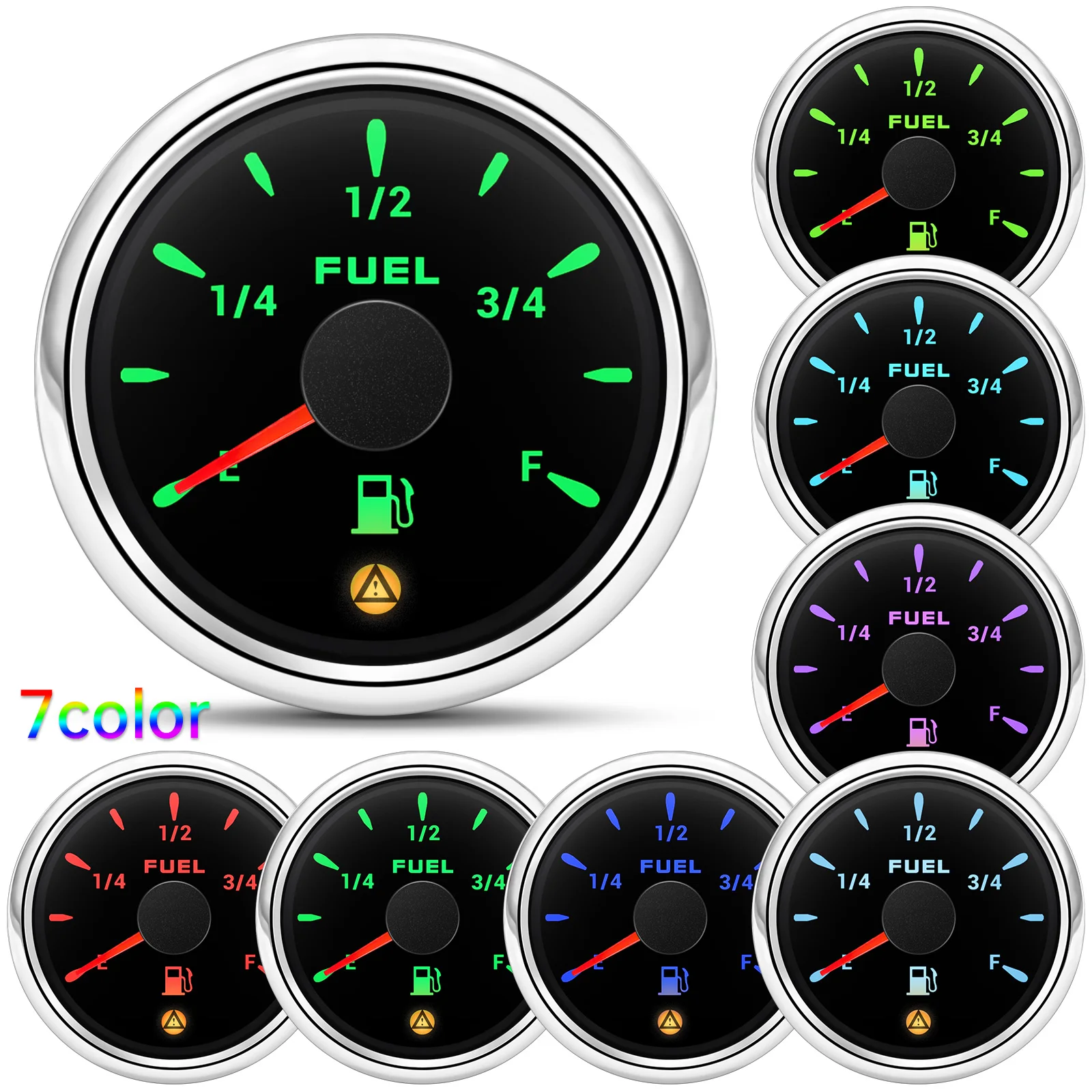 ZMFJH Auto Car Boat 7 Color Light 52MM Fuel Level Gauge with Flashing Alarm 0-190ohm Oil Float Level Sensor 100-550MM Optional