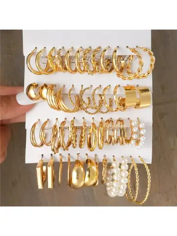 Boho Big Metal Circle Hoop Earring Set for Women Gold Color Bohemia Vintage Pearl Earring Zircon Ear Studs Jewelry Party Gifts