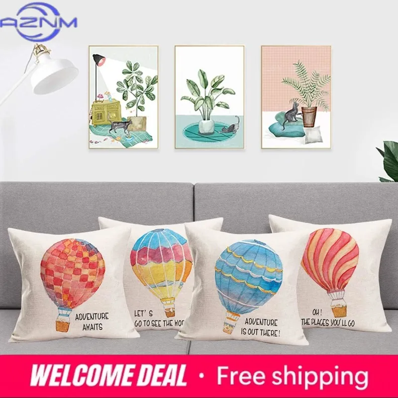 Pillow Cover Adventure Theme Colorful Hot Air Balloon Pattern Cushion Cover Linen Home Decoration Outdoor Pillowcase