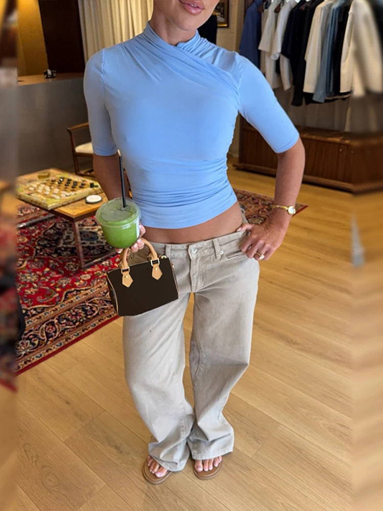 Chic Baby Blue Half High Neck Cropped Top Short Sleeve Side Twist Ruched Slim Fitted Blouse Minimalist Casual Women Daily Wear