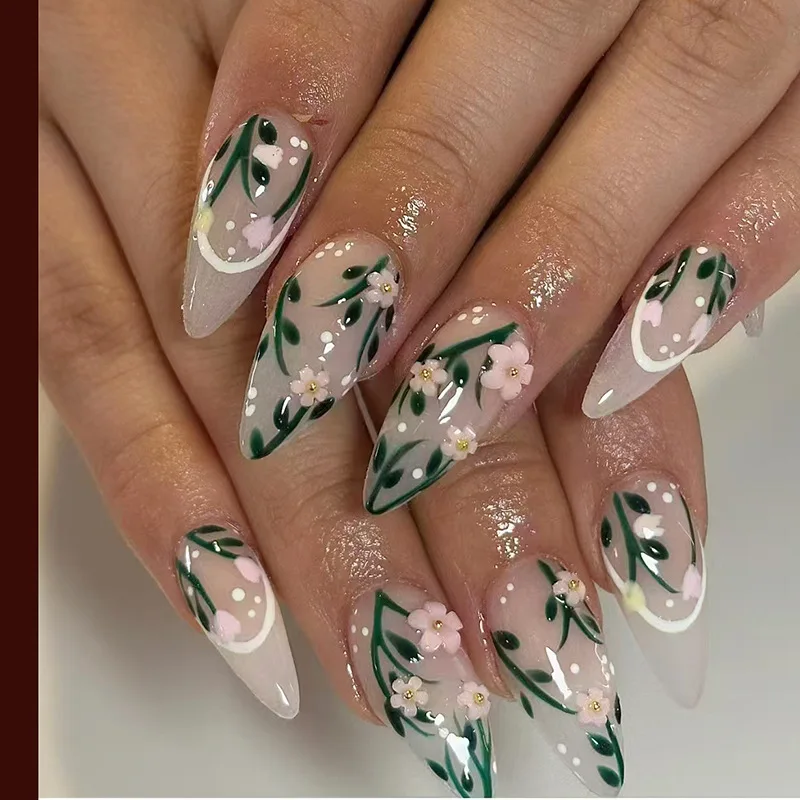 

24pcs Flower Design False Nails Wearable Long Almond Stiletto Press on Nails Tips with White Lines French Fake Nail Set Finished