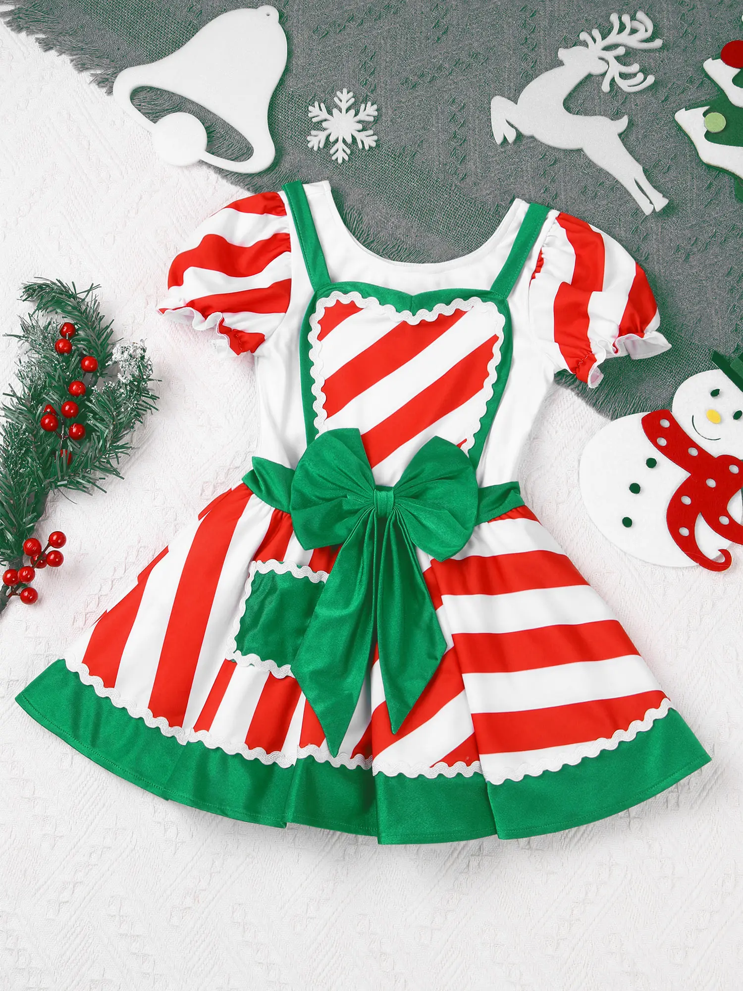 Kids Girls Christmas Mrs Santa Claus Costume Candy Cane Striped Princess Dress Xmas Party Figure Skating Ballet Tutu Dance Dress
