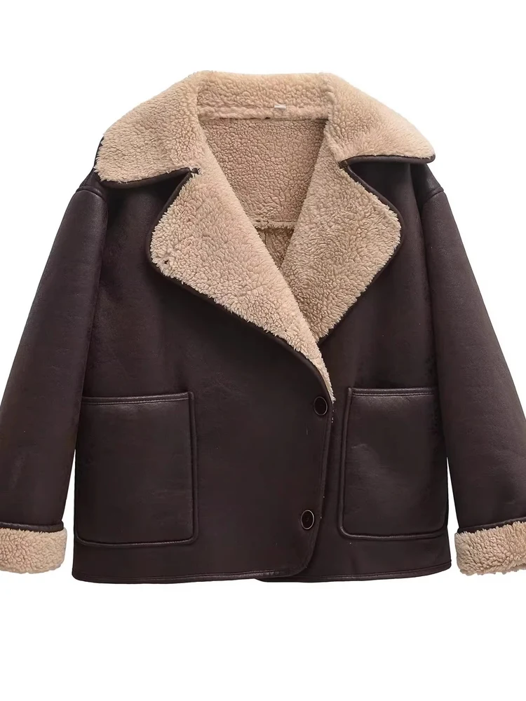 خريف 2025 ملابس خارجية نسائية فضفاضة من الفرو والجلد ذات ياقة على الوجهين طويلة Sve Jaet ملابس خارجية من ألياف البوليستر #3