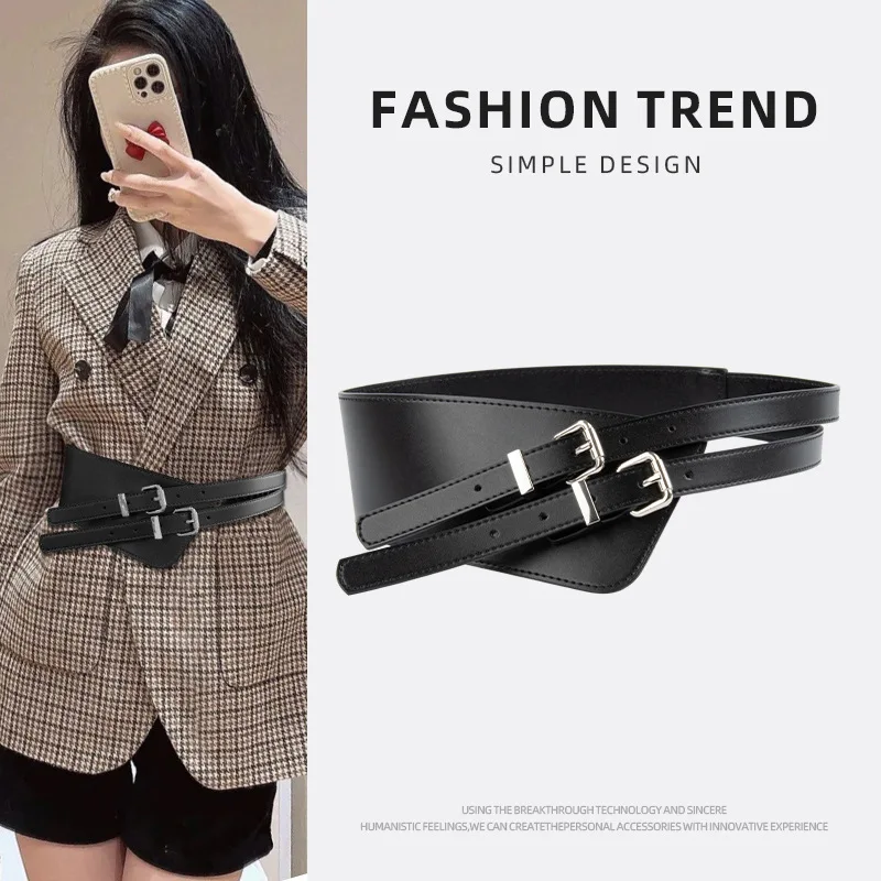 

New Leather Wide Silver Pin Buckle Slant Wide Women Waistband Belt Fashion Dress Coat Sweater Show Thin Cummerbund for Ladies
