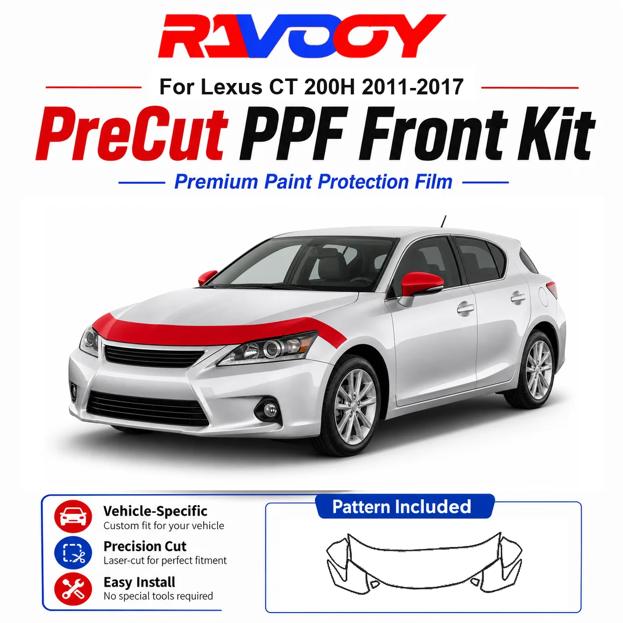 

8.5mil TPU Precut PPF Kit For Lexus CT 200H 2011-2017 - Hood, Fenders & Mirror Set - Self-Healing Clear Bra Film