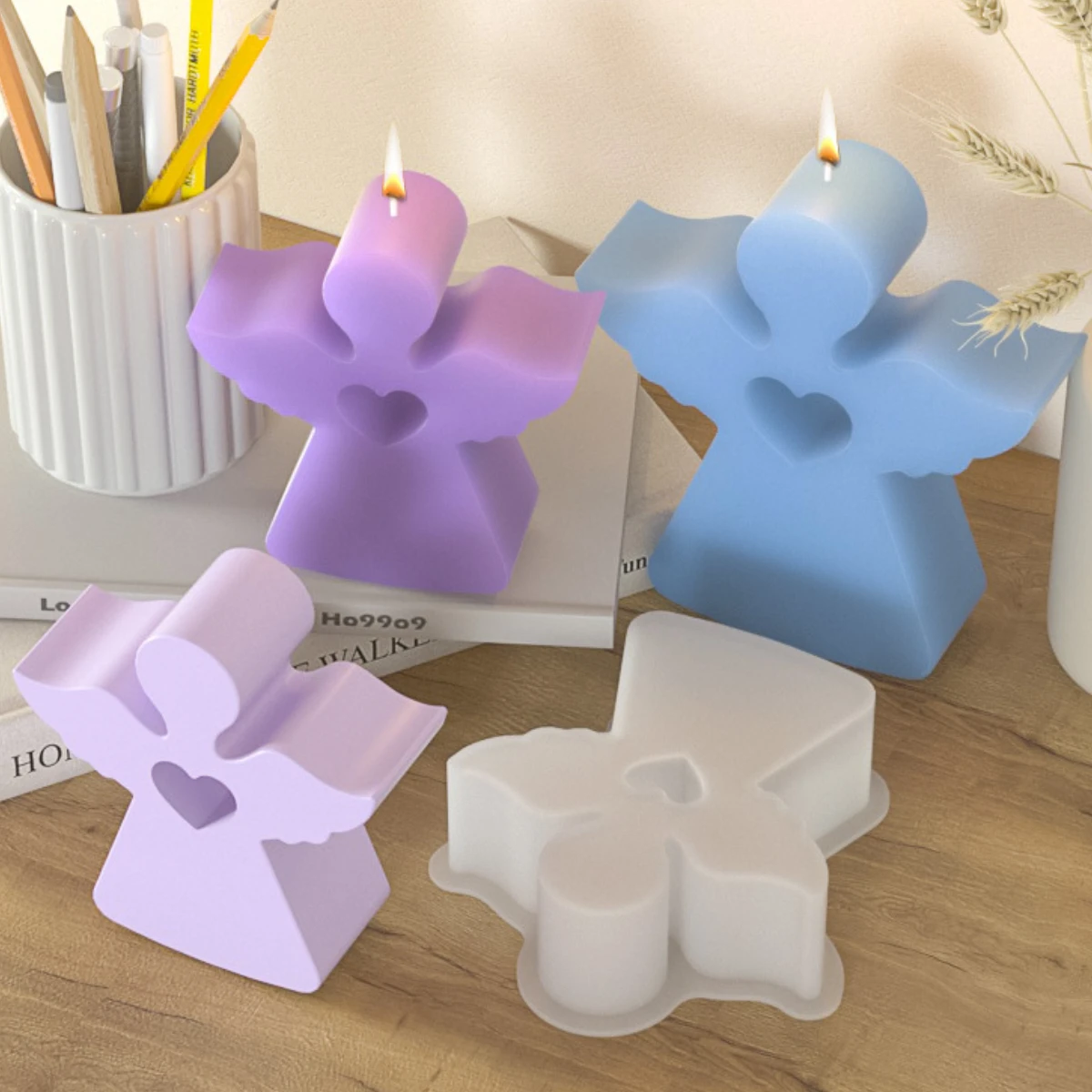 Multi Size Geometry Wings Angel Silicone Candle Mould Hollow Out Heart Cherub Soap Crystal Mold Chocolate Making Confession Gift