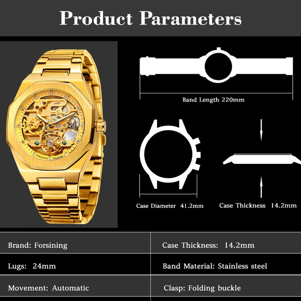 FORSINING Trendy Polygon Men Watch Skeleton Automatic Mechanical Watch Rhinestone Stainless Steel Formal Business Man Wristwatch