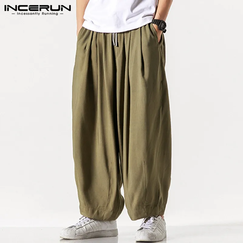 Summer Men Wide Leg Pants Drawstring Joggers Plain High Street Man Casual Trousers Baggy Fashion Harem Pants S-5XL INCERUN 2024