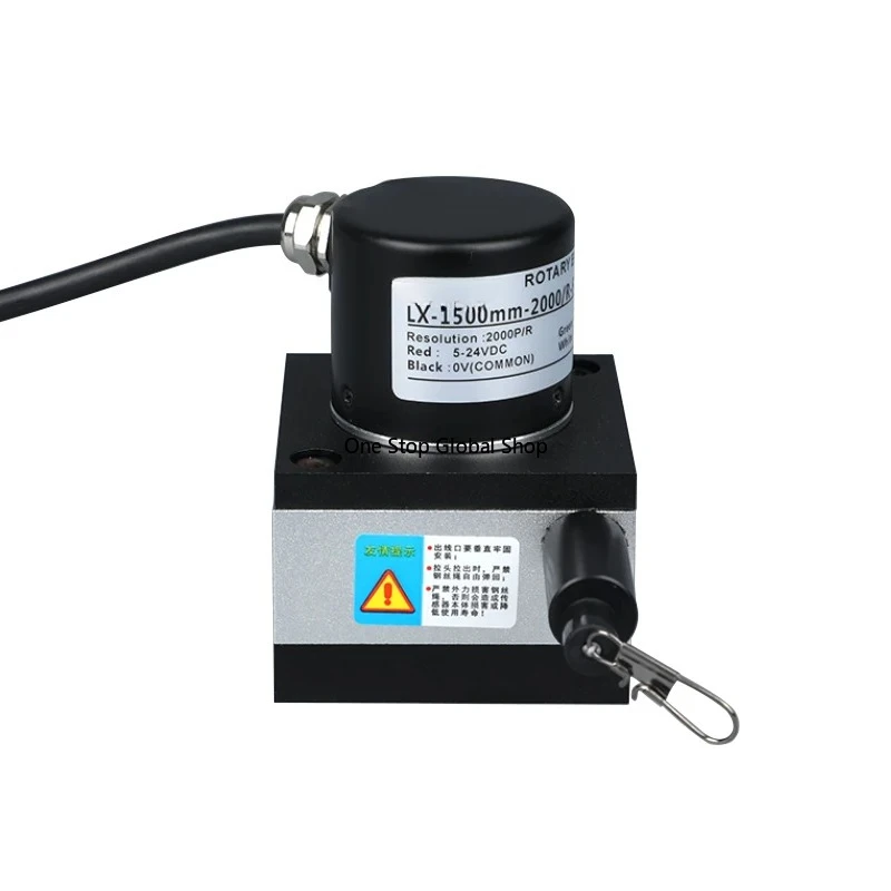 Pull wire sensing displacement encoder measuring cylinder gate