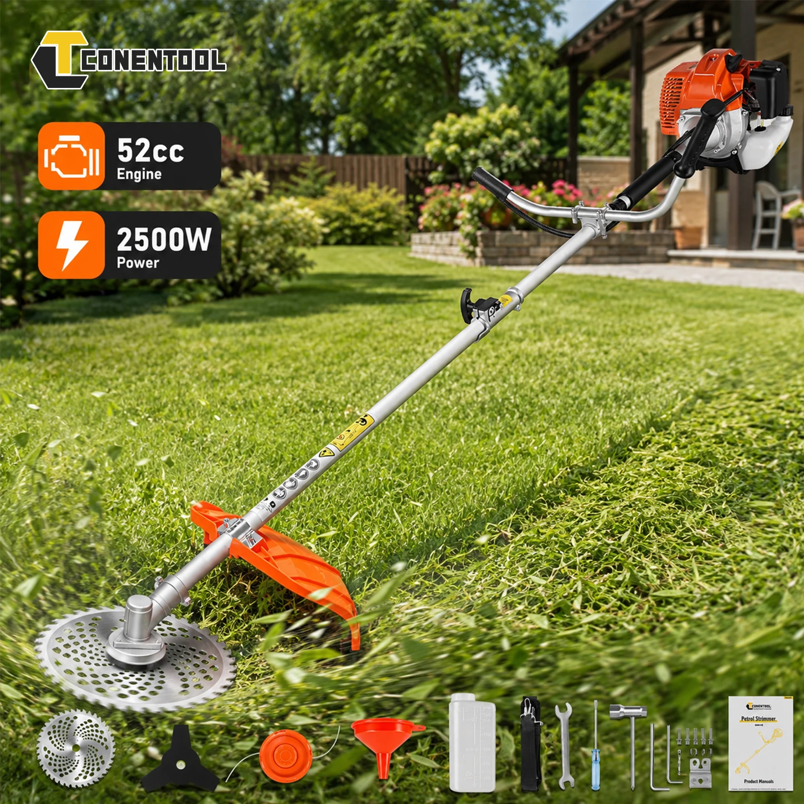 Débroussailleuse à essence 3 en 1 CONENTOOL 52cc, coupe-herbe à gaz 2500W haute puissance, tondeuse à gazon, désherbeur pour jardin, ferme, cour, coupe d'herbe