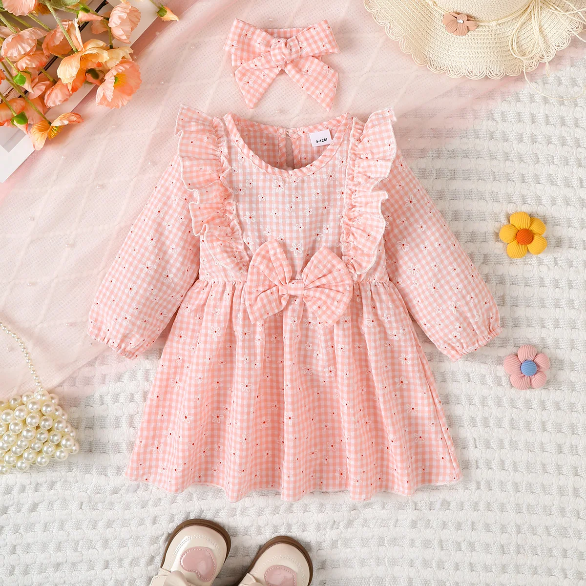 

Spring Autumn Baby Girl Dress Pink Checkered Small Floral Ruffle Sweet Style Dress 0-18 Months Cute Baby Girl Dress Baby Clothes