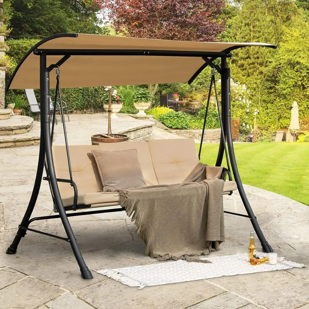 

3-Person Outdoor Swing with Cushions, Steel Frame, Adjustable for Patio, Garden, Backyard, Beige
