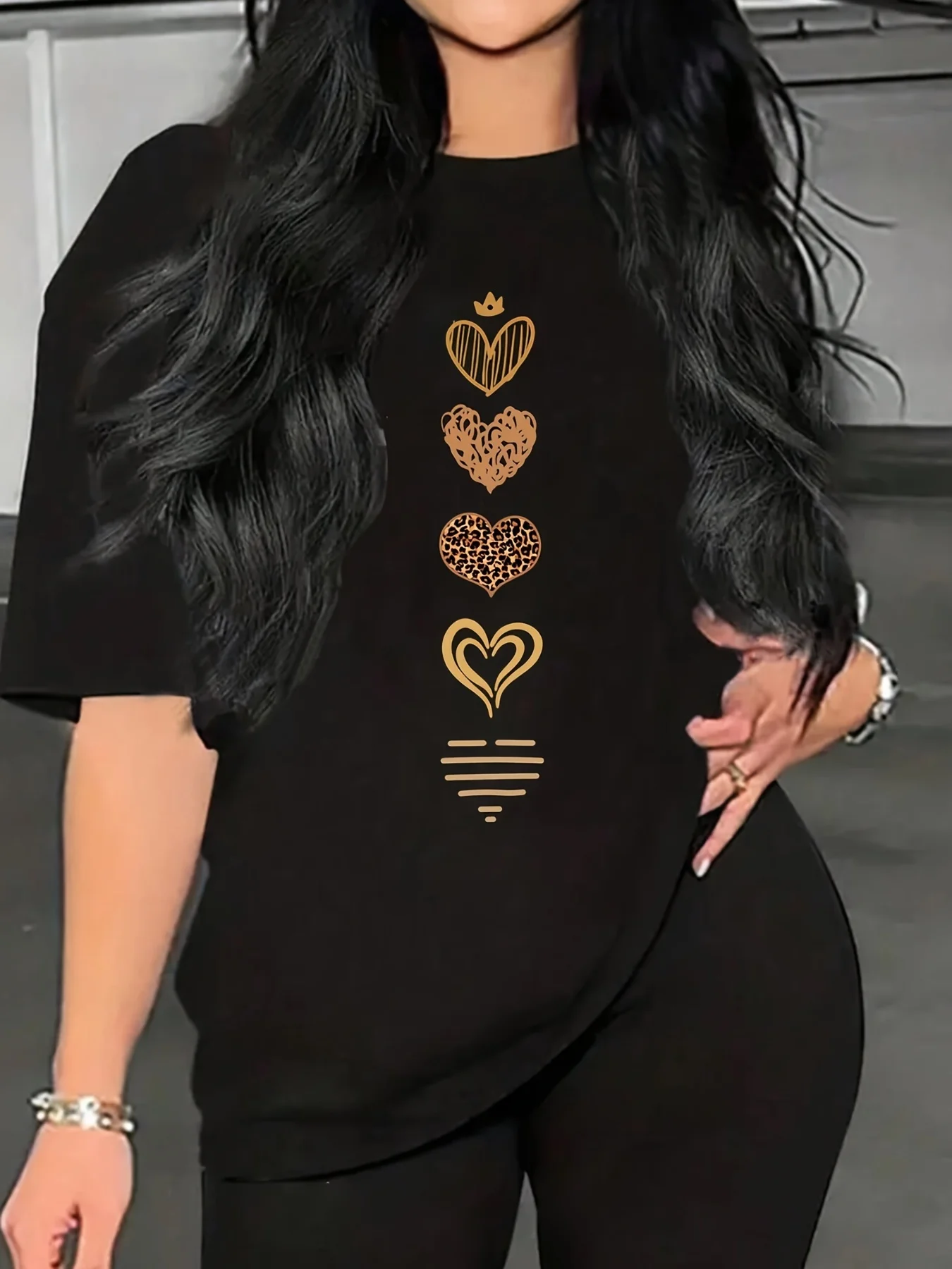 Heart Print Crew Neck T-Shirt Casual Short Sleeve T-Shirt For Spring & Summer Women's Clothing