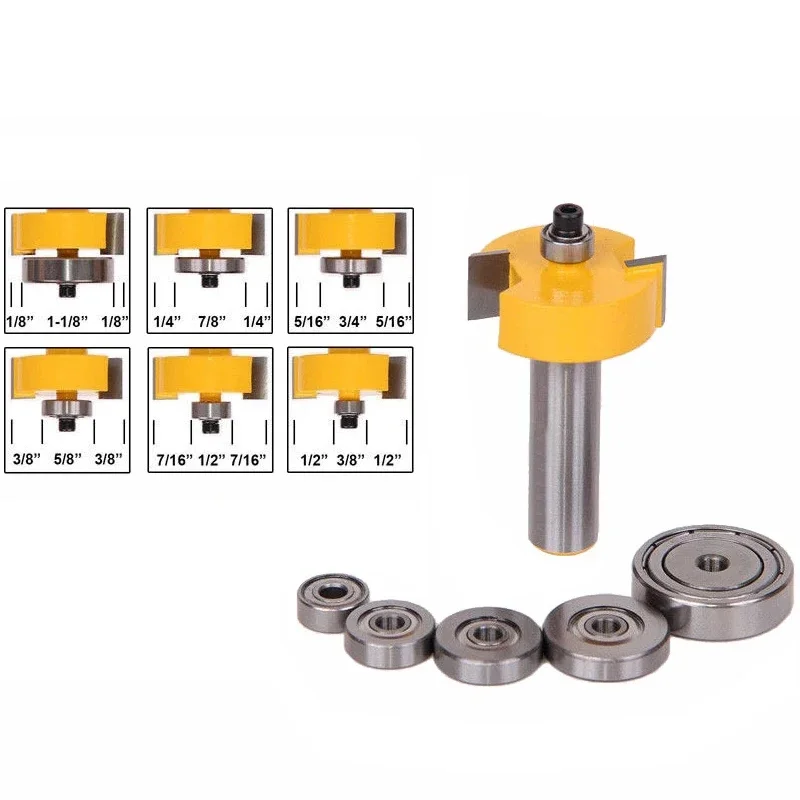 

2PC 1/2 Shank 12mm Rabbet T Type Router Bit with 6 Adjustable Bearings Rabbeting Tenon Milling Cutter for Wood Woodworking