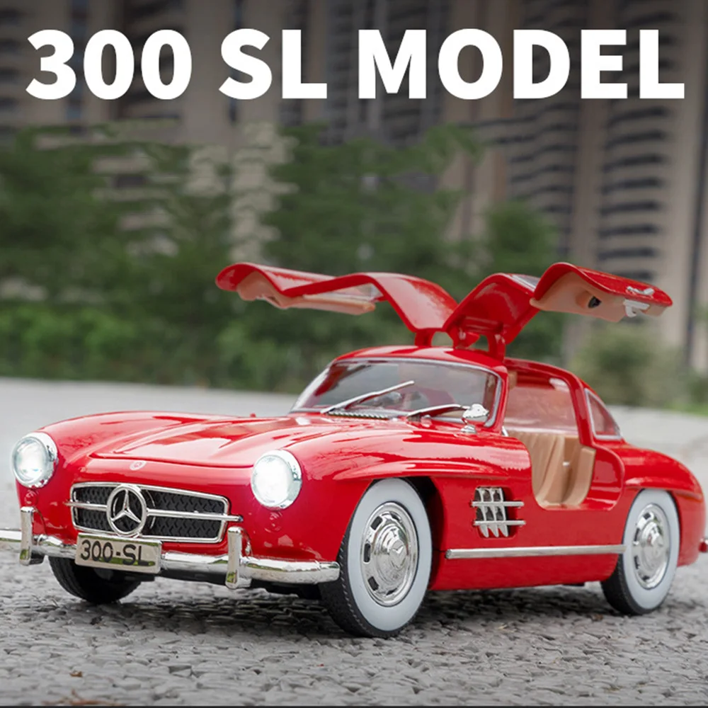 1:24 Alloy 300SL Toy Car Models 4 Doors Opened Vintage Cars Rubber Tire Light Sound Vehicles Decoration Toys Boys Birthday Gifts