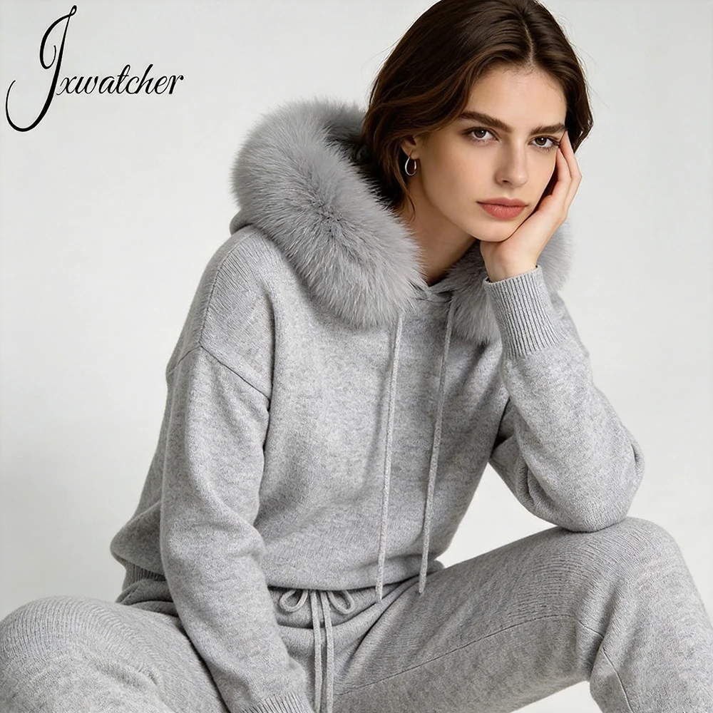 Jxwatcher Women's Sweaters and Pullovers Big Real Fox Fur Collar Knit Hooded Tops and Pants Set Spring and Fall Female Clothing