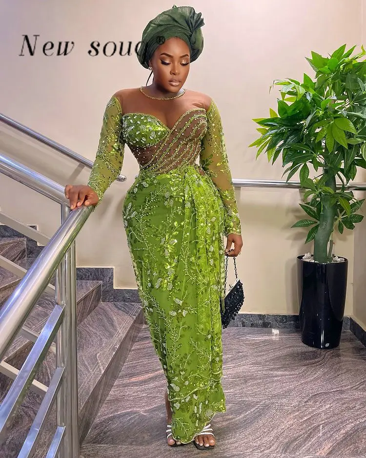 Vestidos de fiesta verdes africanos de talla grande Aso Ebi cristales brillantes lentejuelas con cuentas vestidos de noche tradicionales nigerianos personalizados