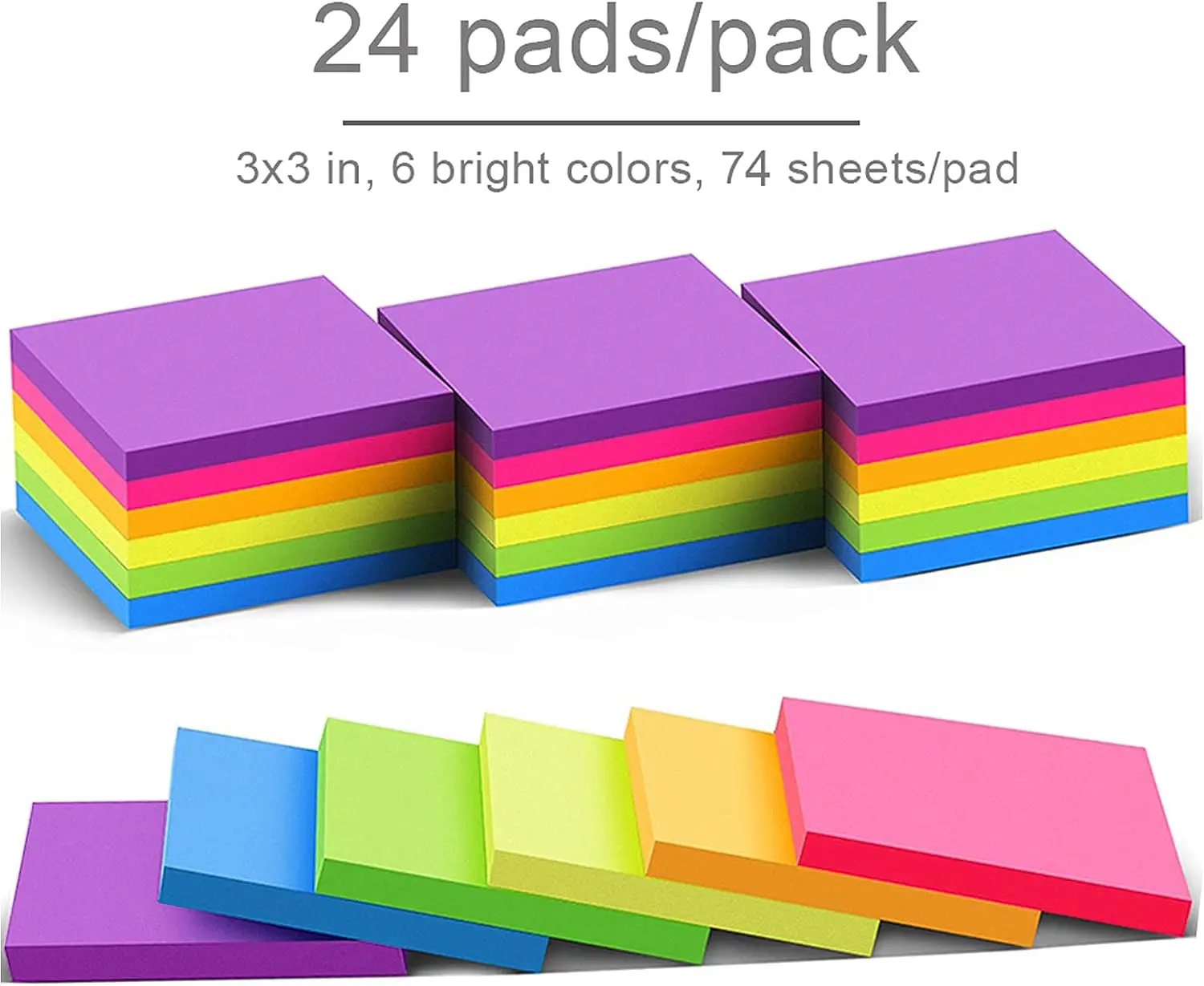 (24 Pads) Sticky Notes 3x3 in Post Bright Stickies Colorful Super Sticking Power Memo Pads, Strong Adhesive, 74 Sheets/pad