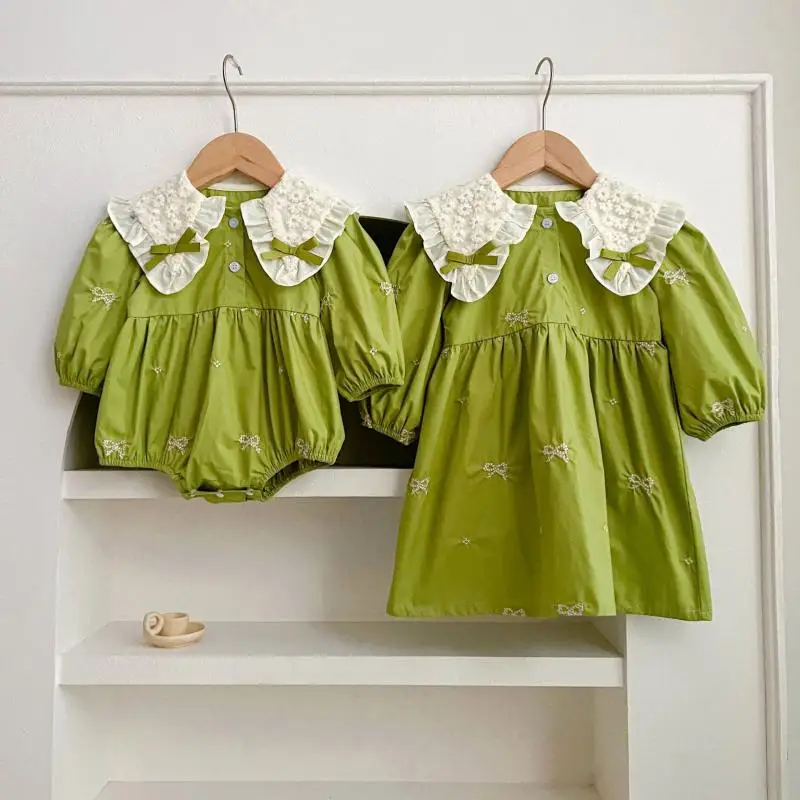 2024 Elegant Girls Bow Dress Doll Collar Cute Girl Dress Same Style Romper Korean Spring Autumn Children Casual New Clothing