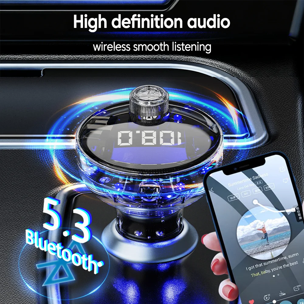 Bluetooth 5.3 FM Transmitter USB Type-C Dual Car Charger Hands-Free Call MP3 Player Ambient Light Universal for Car Truck SUV