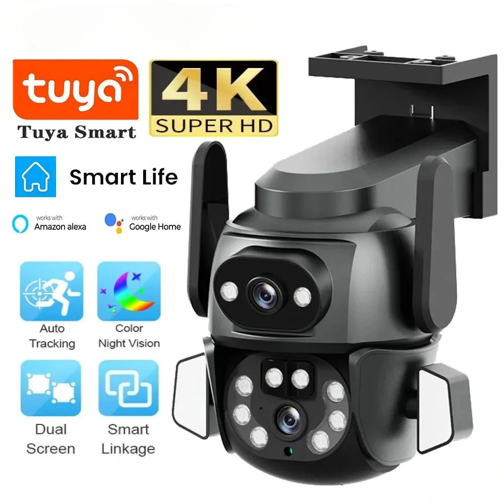 

IP-камера Tuya WIFI с двумя объективами 4K, 8 МП 350 ° PTZ Full HD камера безопасности ИК ночного видения Ai отслеживание наружная камера видеонаблюдения