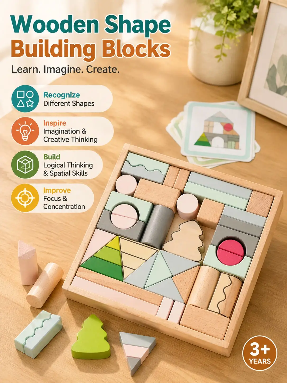 Assorted Geometric‑Shapes Wooden Building Blocks, Stacking & Constructing Puzzle Toys for Babies Toddlers, Montessori Early Cognition Educational Wooden Play Toy for Preschool Kids Boys Girls
