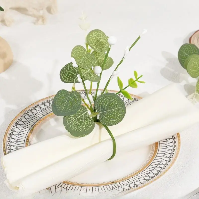 2Pcs Artificial Eucalyptus Green Napkin Rings Floral Rustic Wedding Party Table Centerpieces Valentine's Day Home Dining Decor