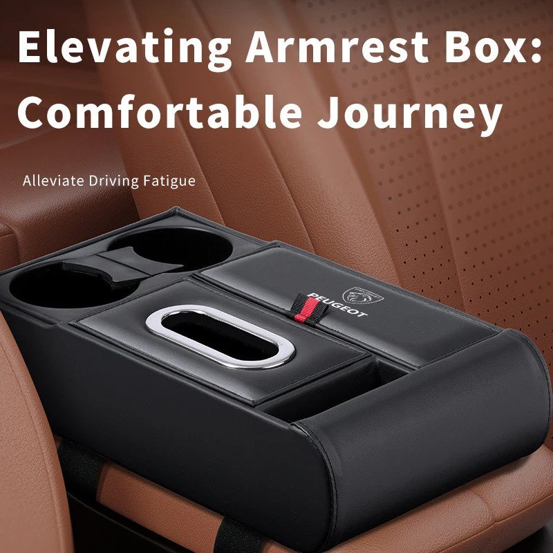 

Suitable for Peugeot 208, 308, 207, 107, 508, 607, 106, 406 car armrest box booster cushion, with tissue box, water cup holder