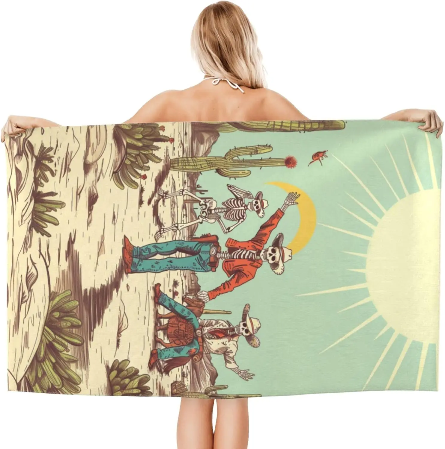 Retro Western Skeleton Beach Towel, 32x52in Microfiber Quick Dry Fun Cowboy Desert Cacti Vintage Bath Towels, Soft Lightweight