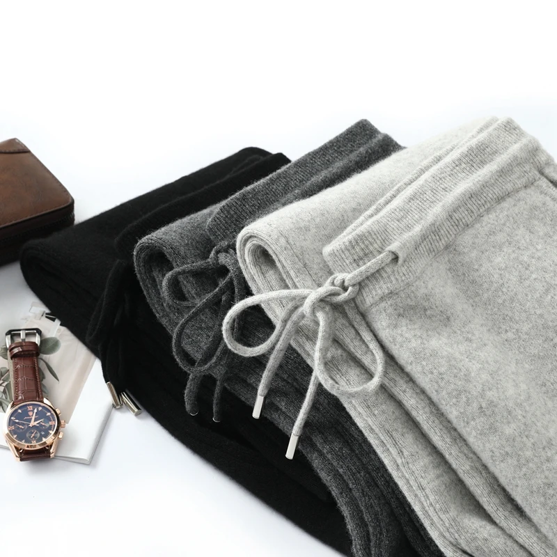 2025 ANGEL Men's 100% Merino Wool Wide Leg Pants Autumn Winter Thick Soft Solid Cashmere Knit Trousers Smart Casual Style Pants