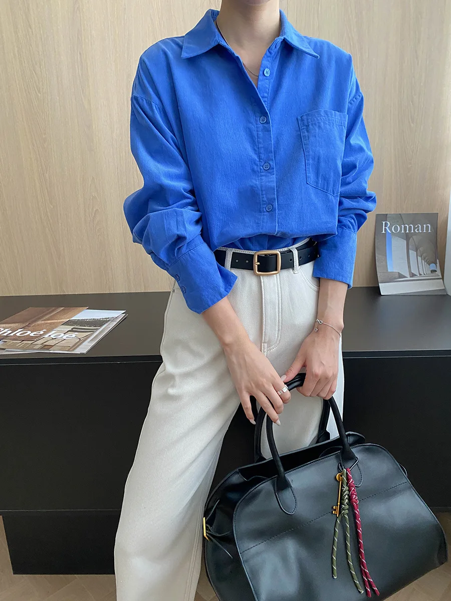 

Women's solid color French retro corduroy lapel loose casual long sleeved shirt