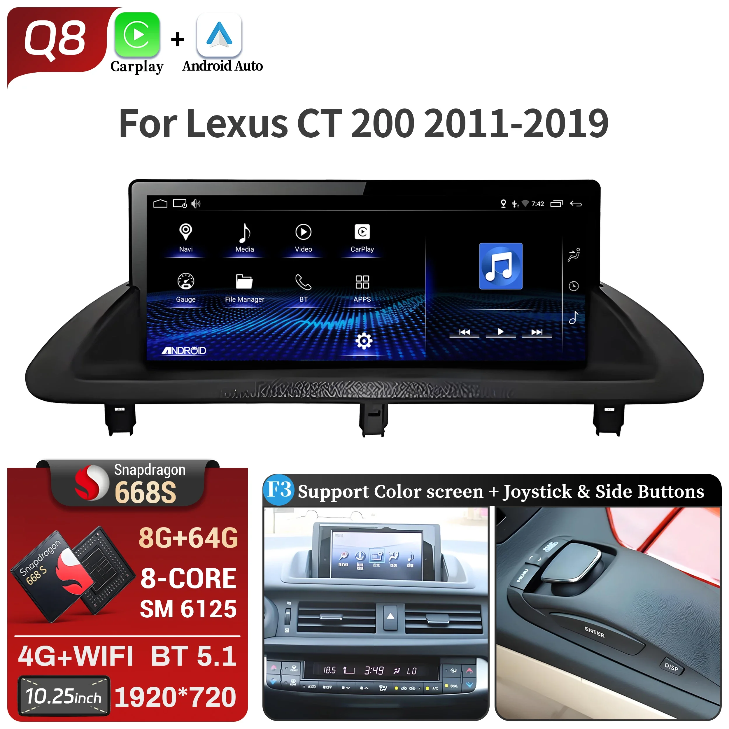10.25 inch Voor Lexus Ct 200 Ct 200 H 2011-2019 Android 14 Autoradio Multimedia Navigatie Draadloze Carplay Snapdragon 668 S Scherm
