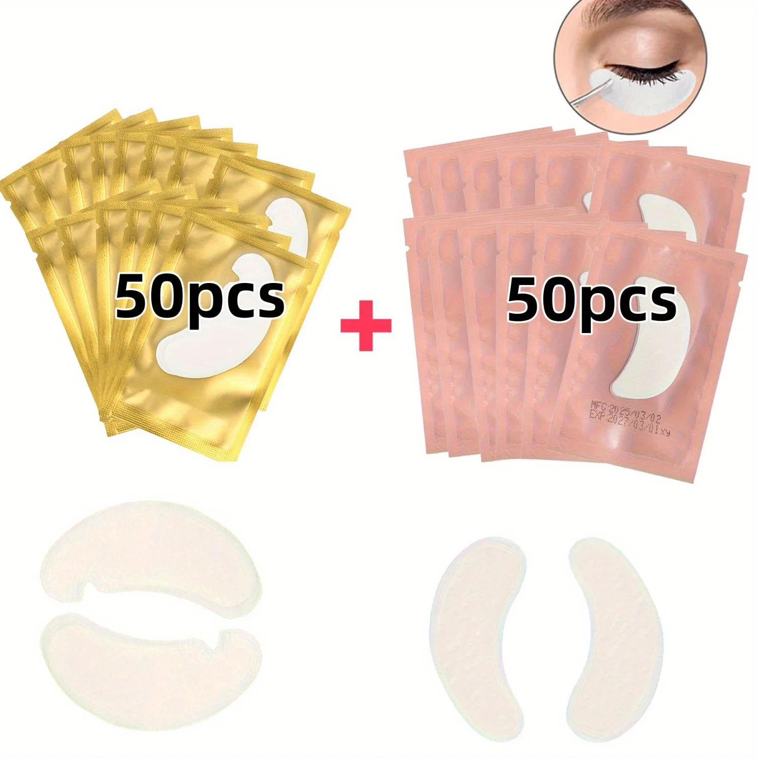 100Pcs Reusable Hydrogel Eye Patches for Eyelash Extensions Golden +Pink Lint Free Under Eye Pads Lash Grafting Beauty Tools