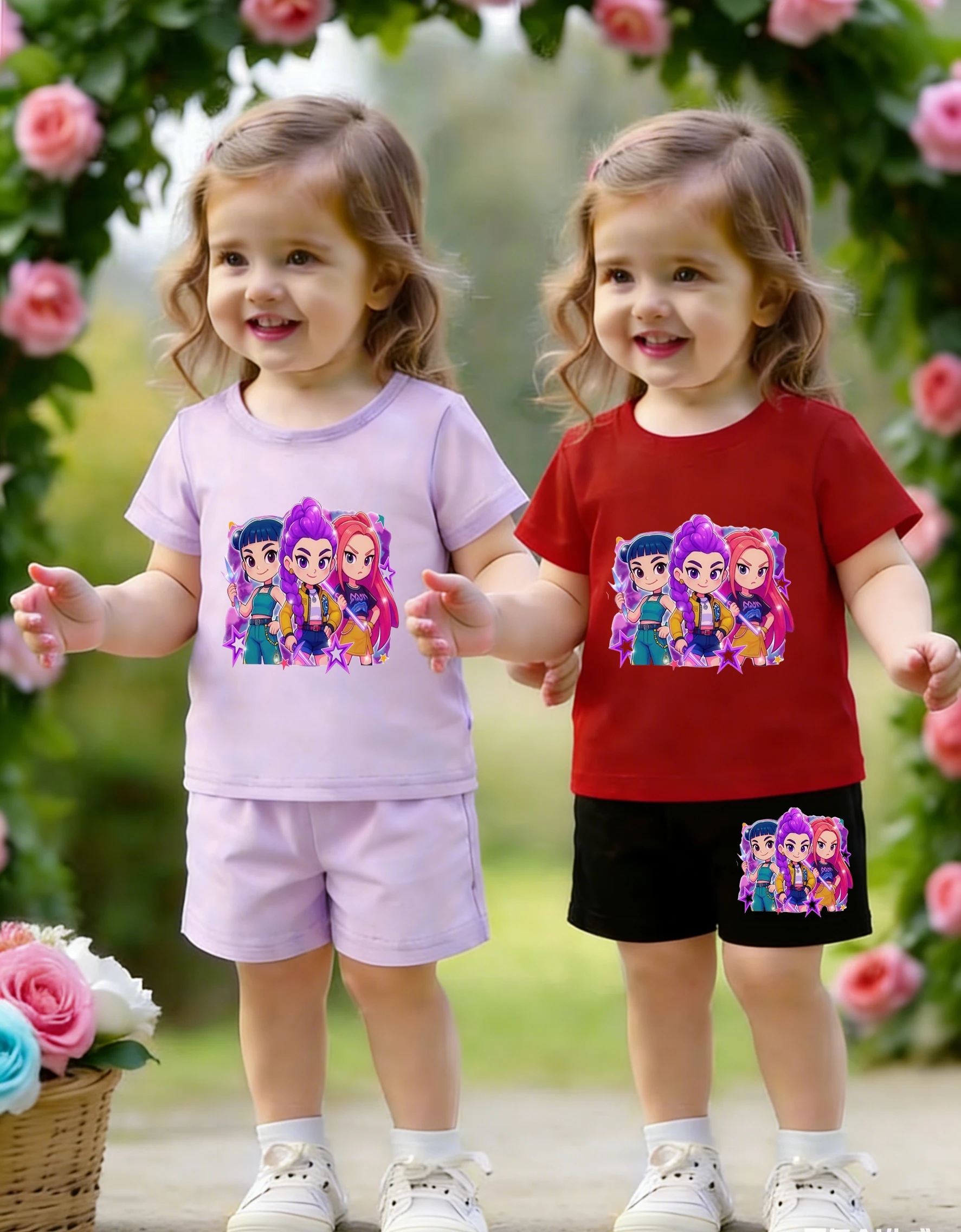 

Комплект из двух предметов в стиле аниме: мягкий лавандовый цвет и крутой красно-черный контраст, футболка + шорты, позволяют детям свободно менять стиль.