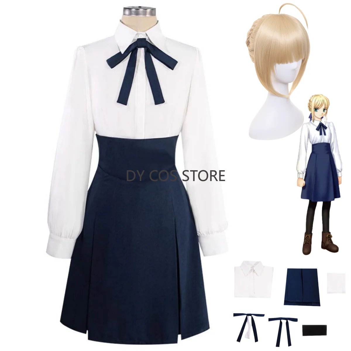 

Anime Game Fate/stay Night Altria Pendragon Cosplay Costume Saber White Shirt Skirt Wig Woman Sexy Halloween Carnival Suit