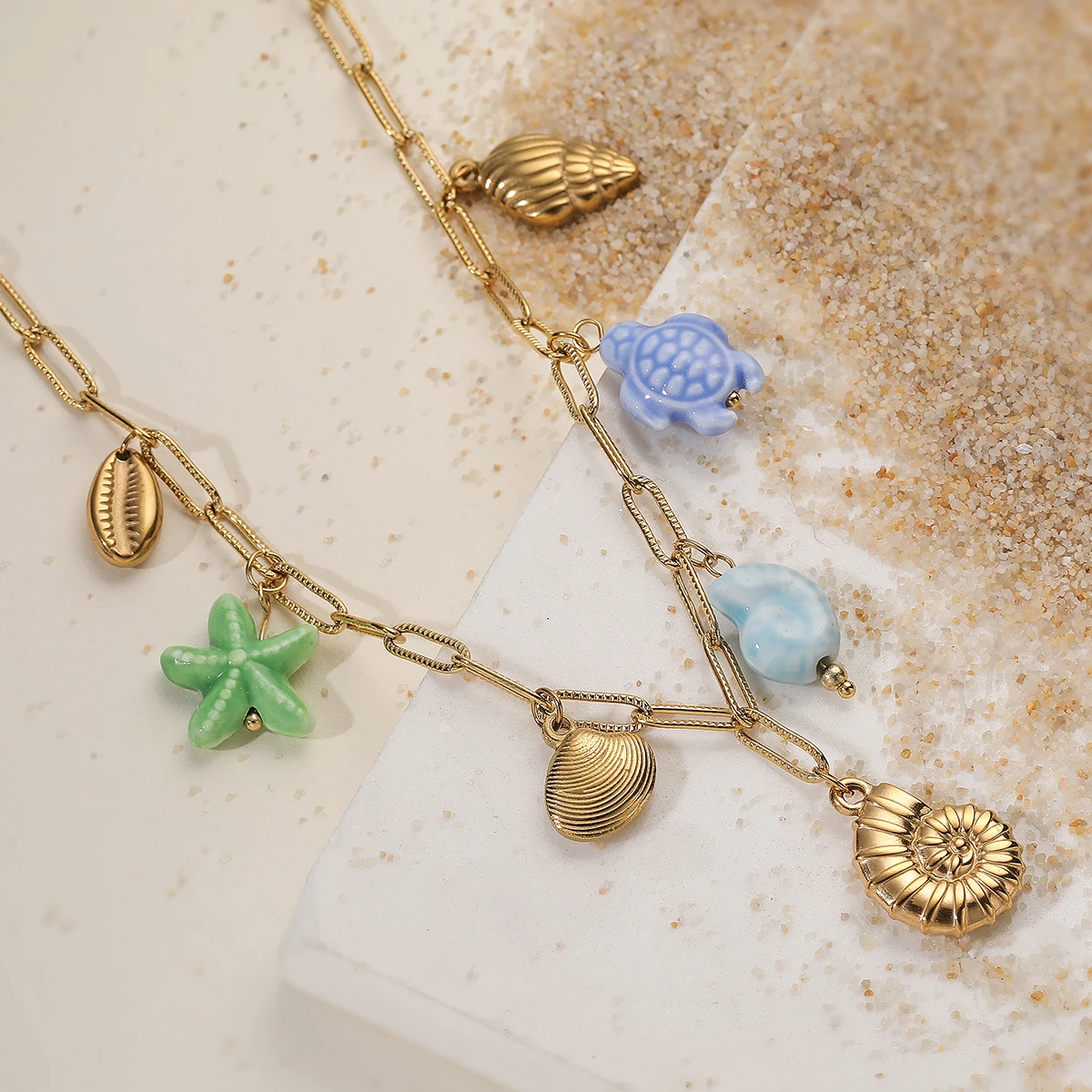 NEWBUY Waterproof 316 Stainless Steel Ocean Charm Necklace Seashell Starfish Turtle Summer Beach Layering Jewelry
