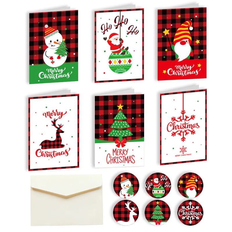 6Set Merry Christmas Greeting Cards with Envelopes Stickers Folding Type Cartoon Print Gift Cards Christmas Decoration Supplies