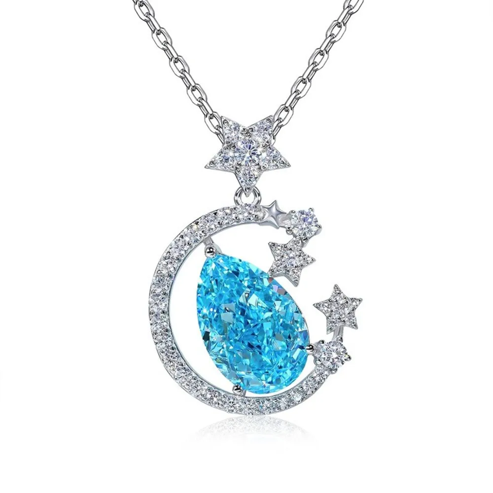 Blue Topaz Crystal Zircon Diamonds Gemstones Moon Stars Shape Pendant Necklaces for Women Girl Wife Girlfriend Jewelry Gifts New