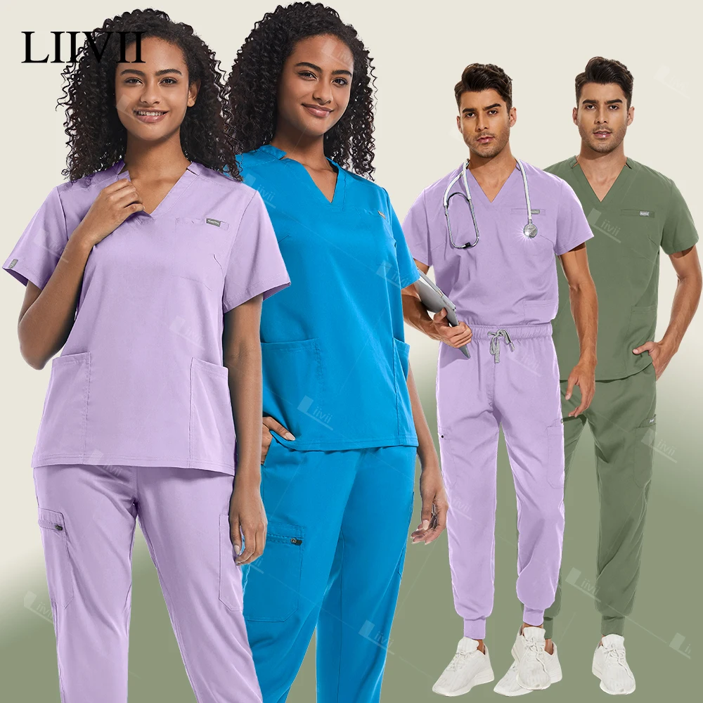 Unisex Multicolor manga curta v-Neck Top e Jogger Pants, Uniforme Scrubs, Uniforme de Enfermagem Cirúrgica, Doutor, Enfermeira, Medical Workwear