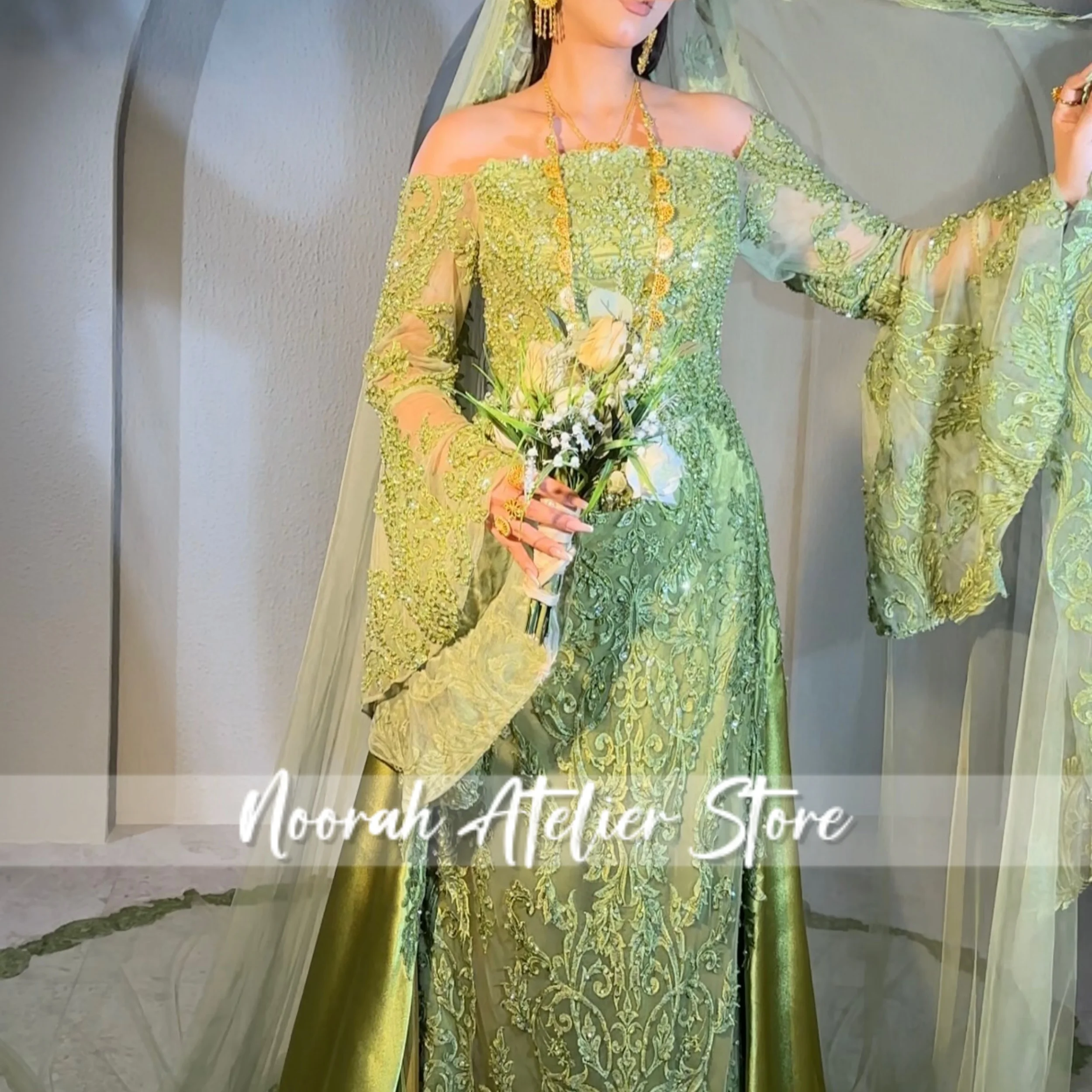 Customized Olive Green Saudi Wedding Dress Off Shoulder Long Sleeve Beaded Lace  فساتين اعراس وسهرات  With Veil For Nikah Walima