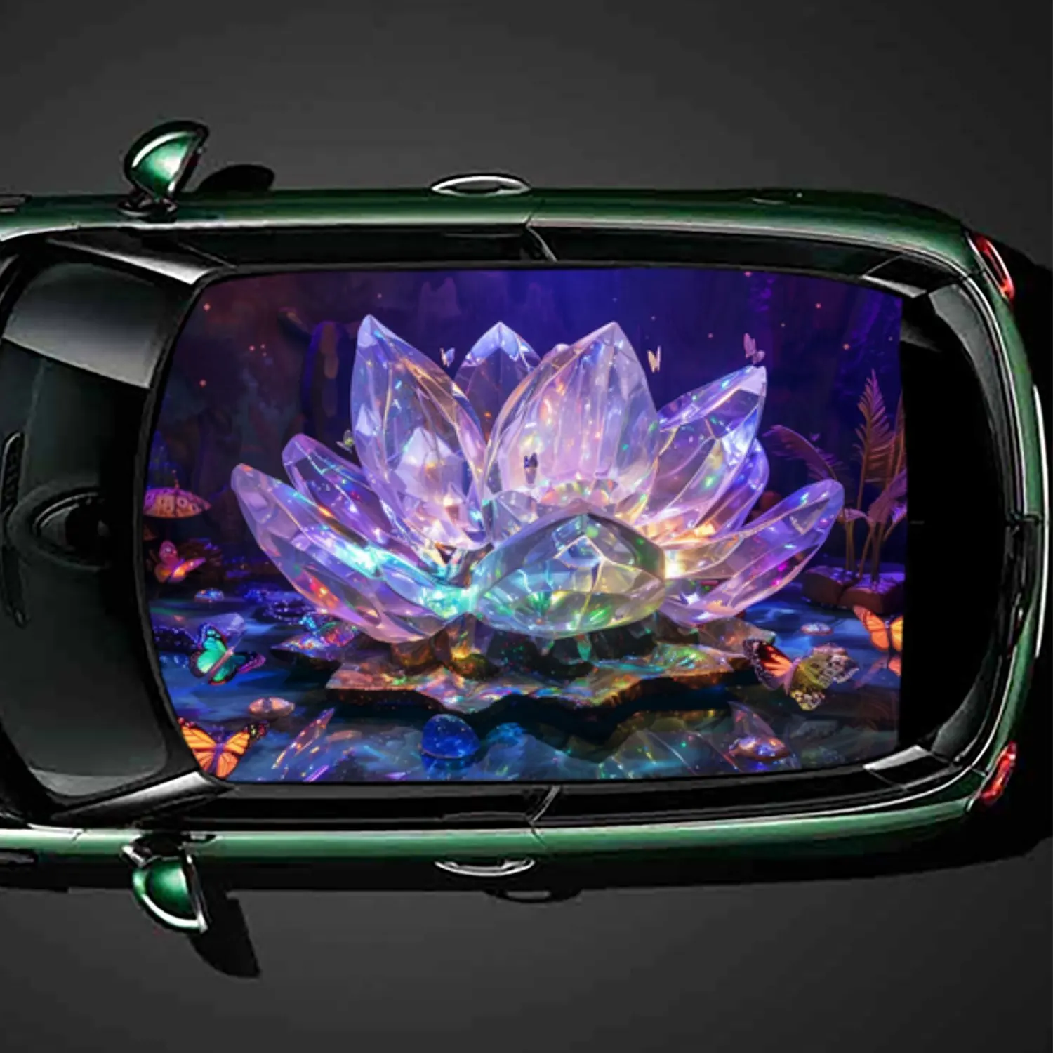 

Fantasy Crystal Lotus PVC Car Roof Vinyl Wrap, Self-Adhesive Waterproof Automotive Sticker, Anti-Scratch Decorative Film for Sed