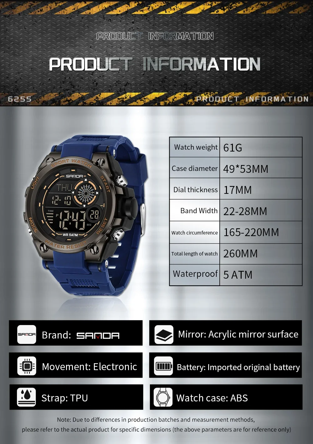 SANDA 6255 Orologio elettronico da uomo di moda Sport all'aria aperta Orologio elettronico da uomo multifunzionale impermeabile con luce notturna a LED 2025