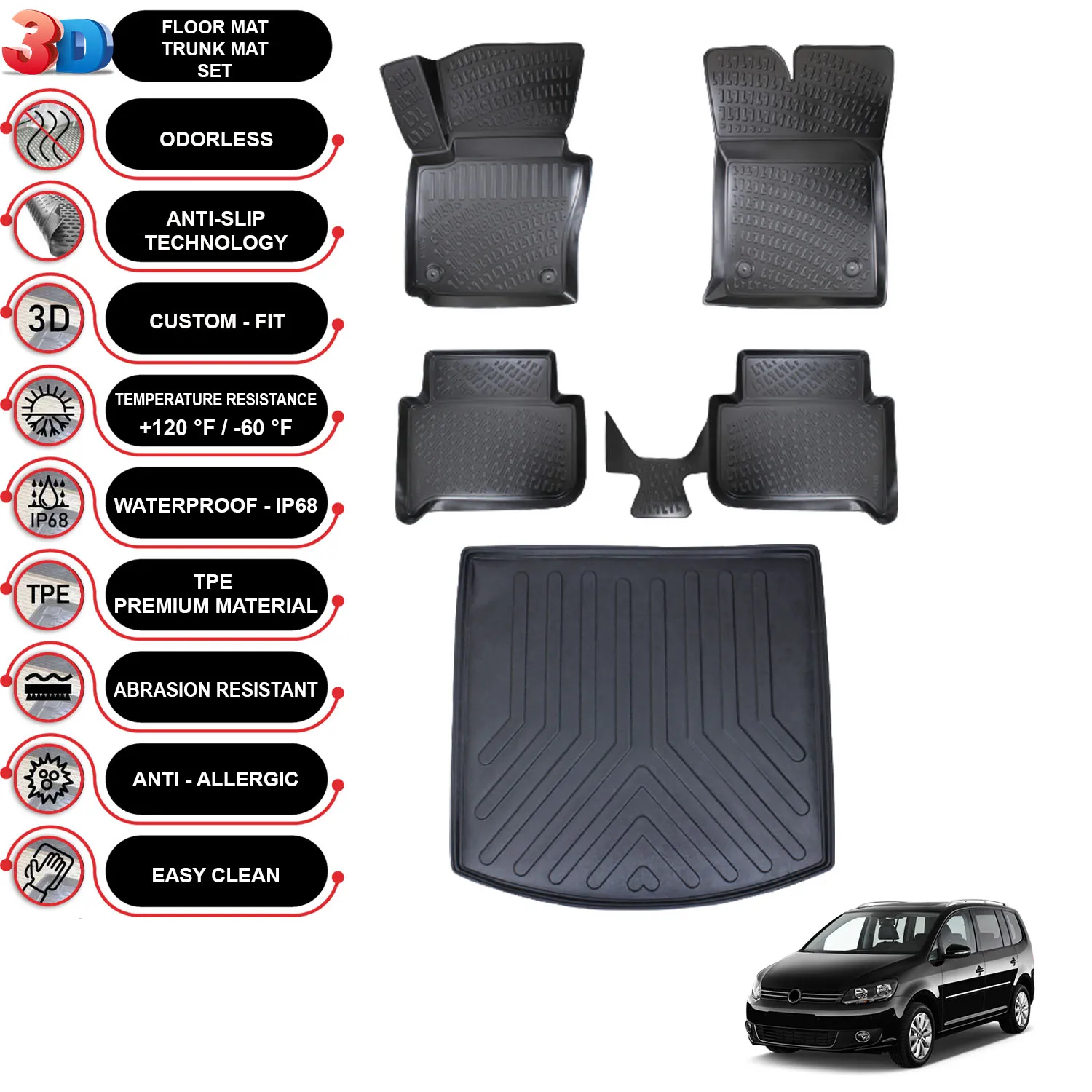 Volkswagen Touareg - (2010-2018) - Floor Mats + Cargo Trunk Liner - SET - (Black)